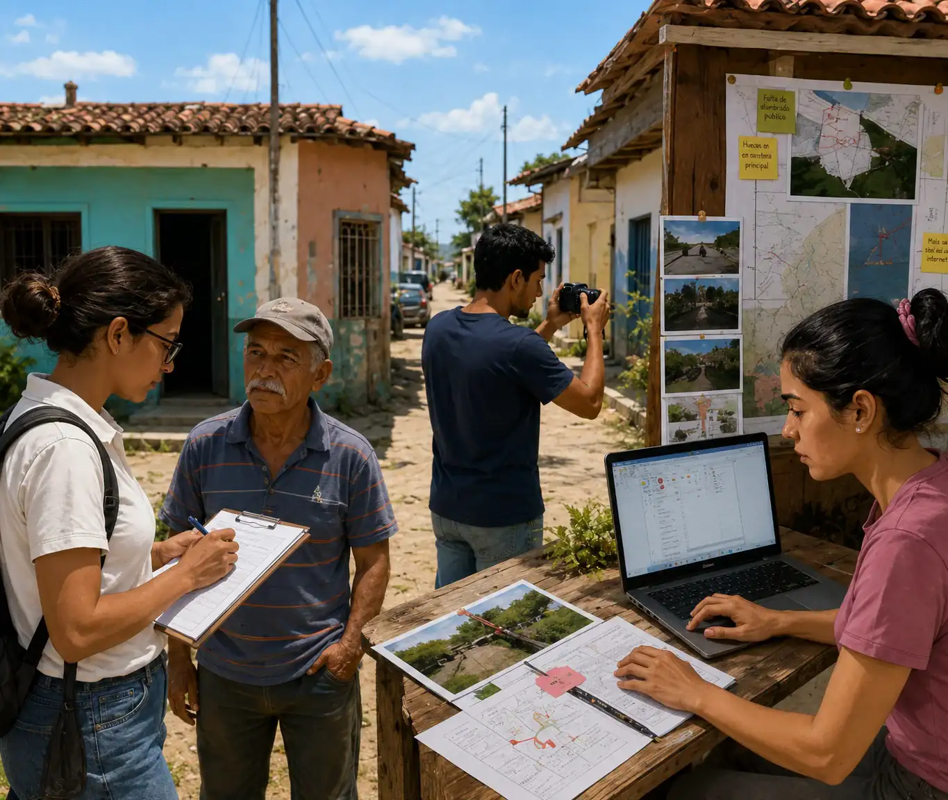 Personas recopilando testimonios, fotografías, datos y documentos